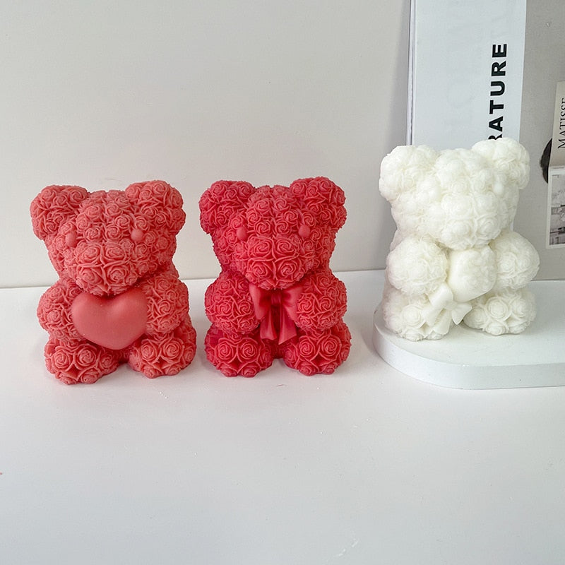 DIY Bear Candle Mold Flowers Foam Love Bear of Roses Candle Mould Chocolate Candy Cake Decor Mold for Wedding Valentine's Day
