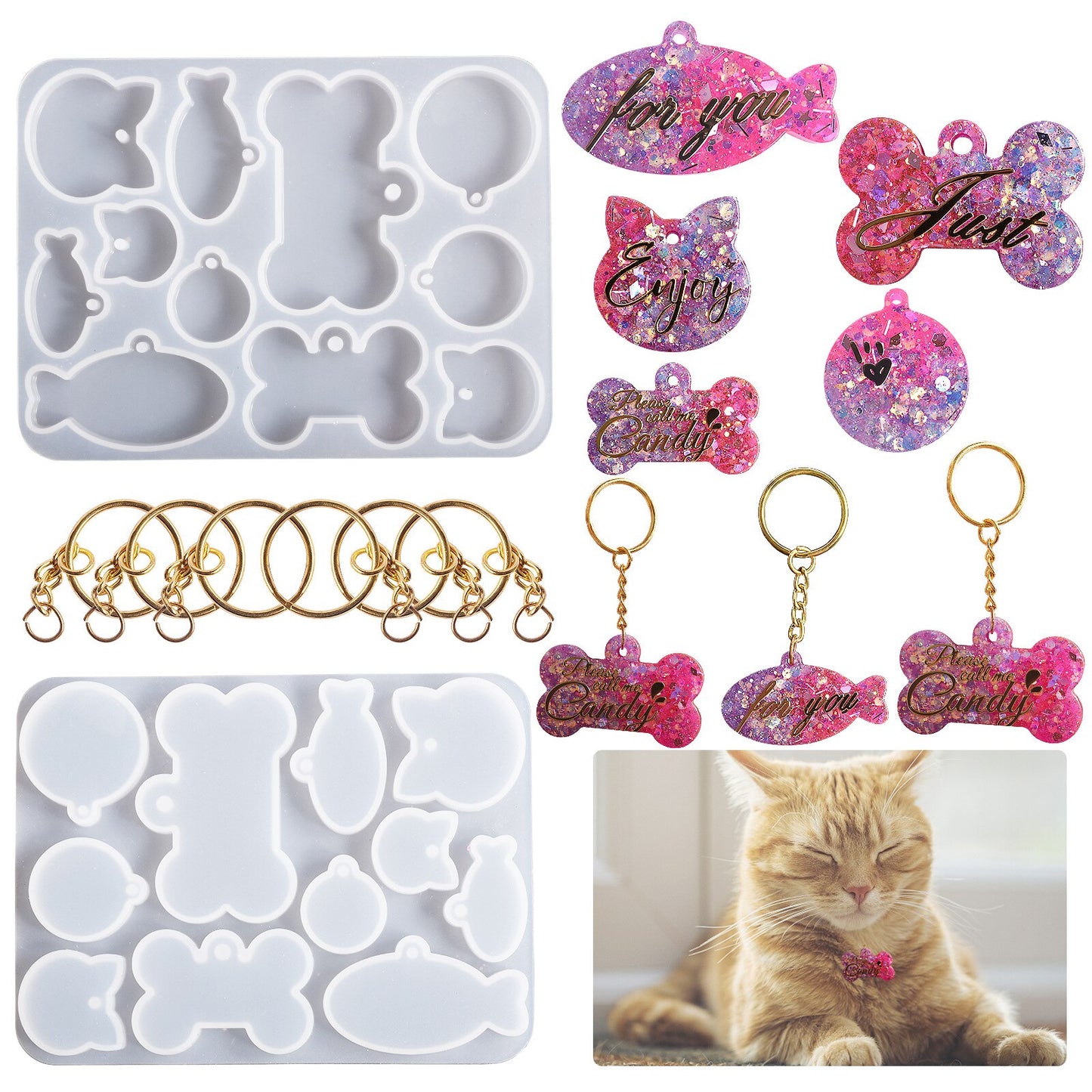Dog Cat Keychain Mold Dog Tag Bone Shaped Epoxy Resin Mould for DIY Pets Key Chain Necklace Pendants Epoxy Resin Molds Crafts