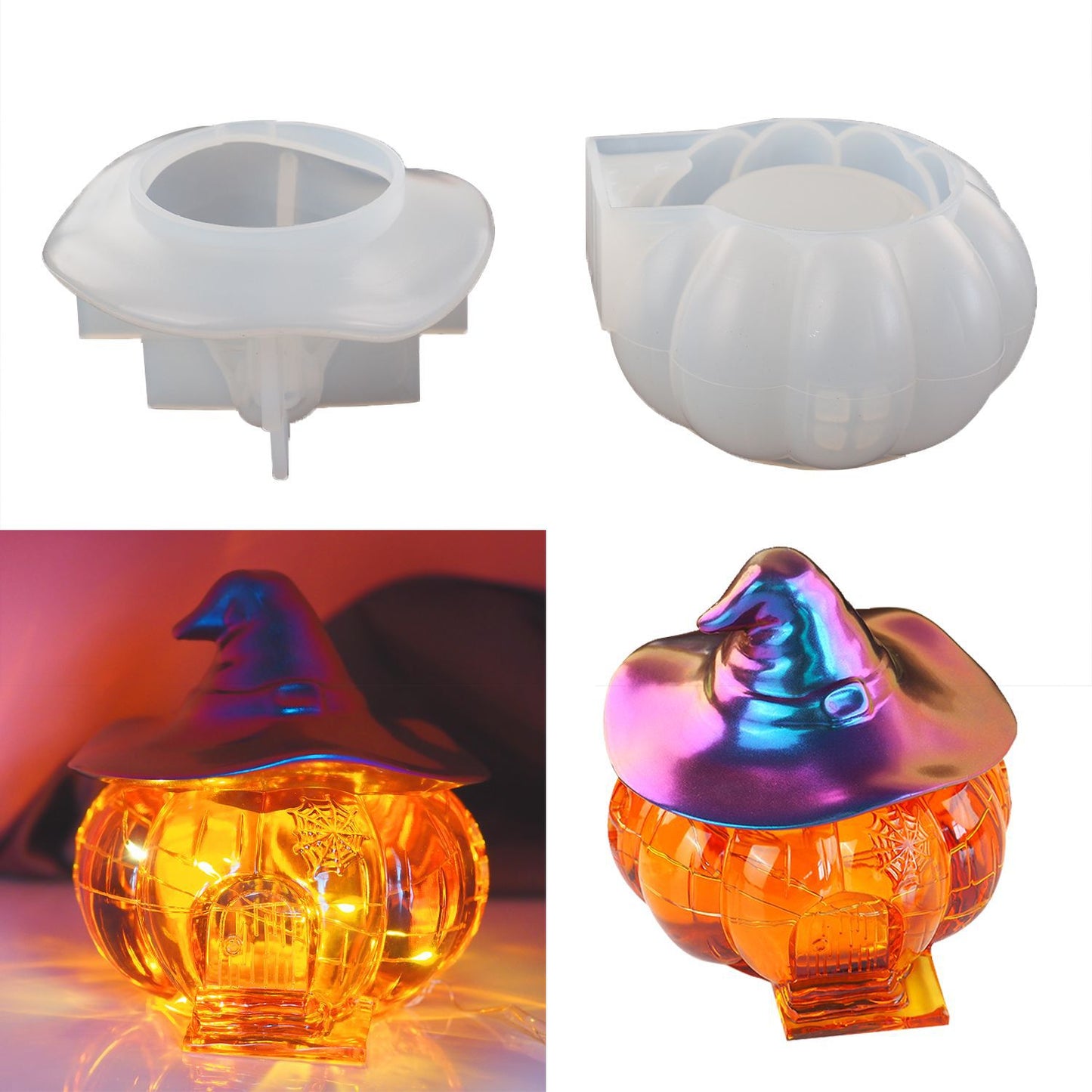 2pcs/Set DIY Halloween Witch Pumpkin Storage Box Resin Mold Cabin Elf House Storage Box Bottle Candy Box Mirror Silicone Mold