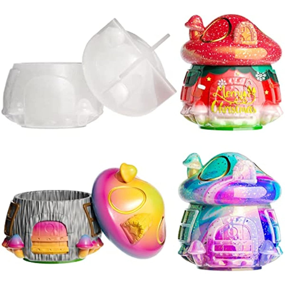 Mushroom House Jar with Lid Epoxy Resin Molds DIY Handmade Makeup Brush Small Jewelry Candy Container Storage Silicone Mold