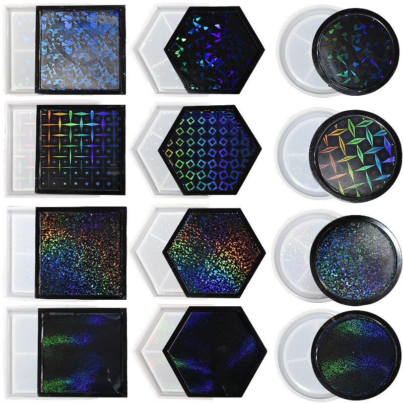 Holographic Light Coaster Silicone Mold DIY Hexagonal Round Coaster Crystal UV Epoxy Resin Mold Cup Tray Making Home Decor Gift
