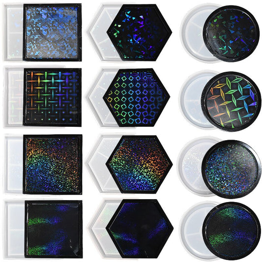 Holographic Light Coaster Silicone Mold DIY Hexagonal Round Coaster Crystal UV Epoxy Resin Mold Cup Tray Making Home Decor Gift
