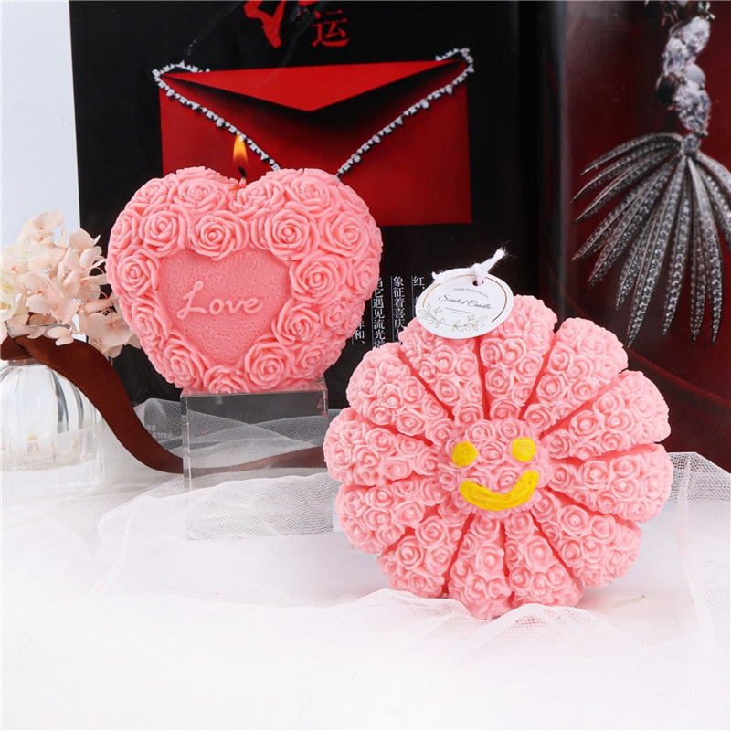 LOVE Rose Ball Candle Silicone Mold Rose Rainbow Chocolate Cake Mold Flower Heart Soap Silicone Mold Valentine's Day Gift Crafts
