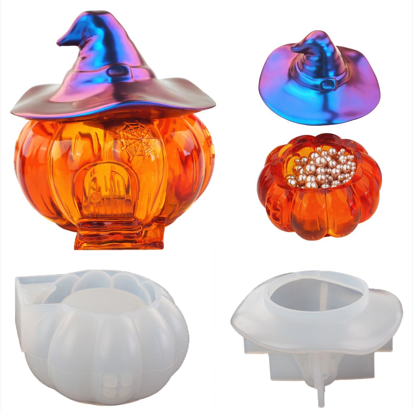 2pcs/Set DIY Halloween Witch Pumpkin Storage Box Resin Mold Cabin Elf House Storage Box Bottle Candy Box Mirror Silicone Mold