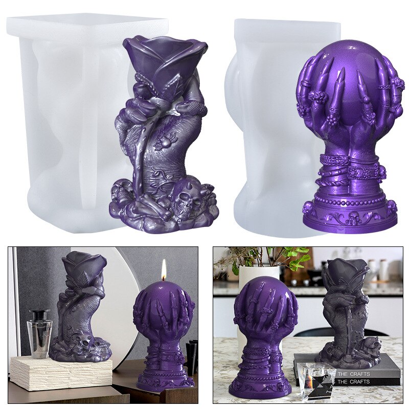 DIY Rose Hand Crystal Epoxy Resin Mold Ghost Claw Magic Hand Crystal Ball Halloween Home Decoration Candle Silicone Mould