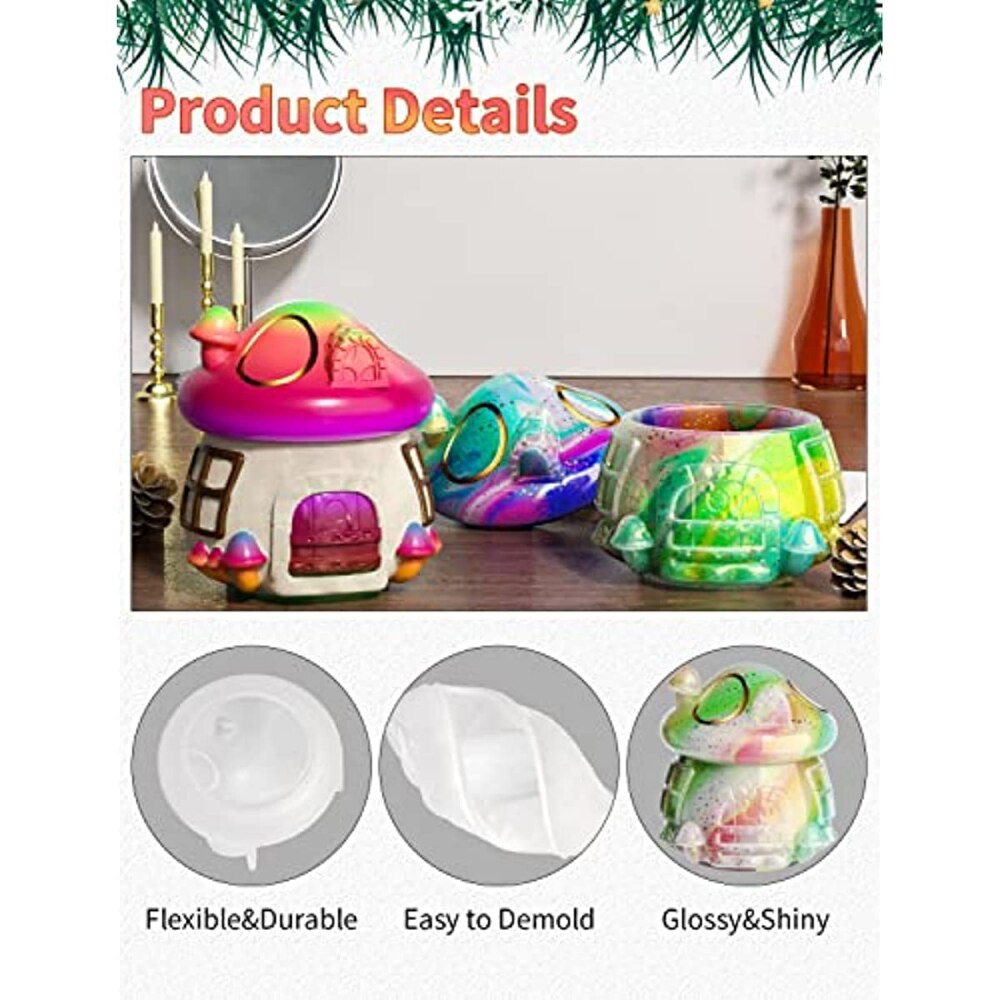 Mushroom House Jar with Lid Epoxy Resin Molds DIY Handmade Makeup Brush Small Jewelry Candy Container Storage Silicone Mold