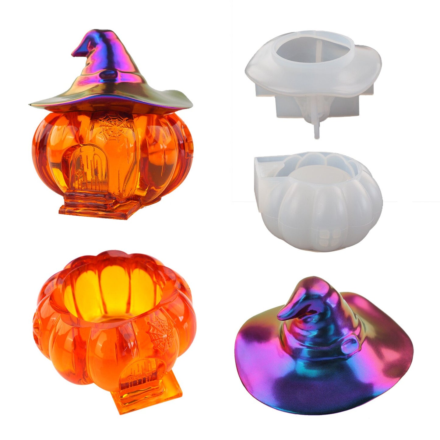 2pcs/Set DIY Halloween Witch Pumpkin Storage Box Resin Mold Cabin Elf House Storage Box Bottle Candy Box Mirror Silicone Mold