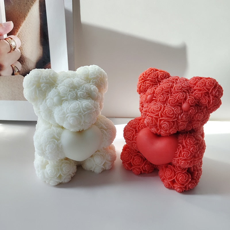 DIY Bear Candle Mold Flowers Foam Love Bear of Roses Candle Mould Chocolate Candy Cake Decor Mold for Wedding Valentine's Day