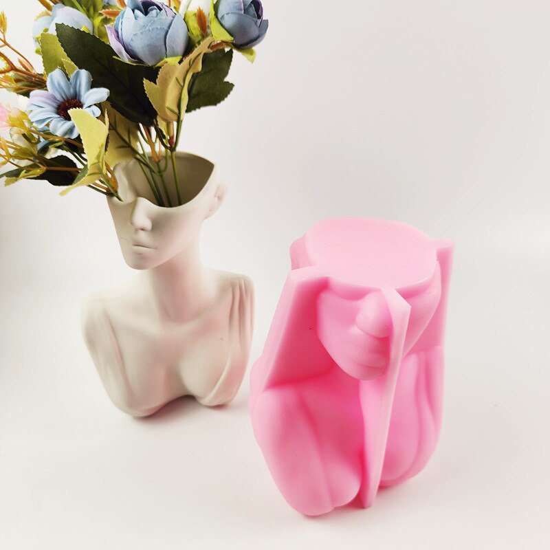 Large Half Body Silicone Flowerpot Mold Succulent Plants Cement Vase Resin Silicone Mold Hydroponic Vase Gypsum Concrete Mold
