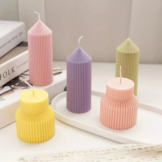 Geometrically striped Cylindrical Thick Rack Spire Candle Mold DIY Geometric Shaped Spire silicone Mold home decor clay molds