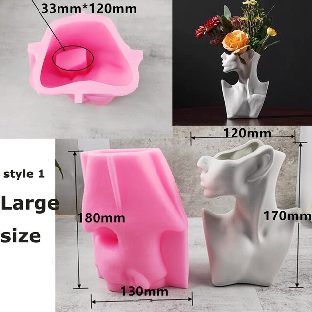 Large Half Body Silicone Flowerpot Mold Succulent Plants Cement Vase Resin Silicone Mold Hydroponic Vase Gypsum Concrete Mold