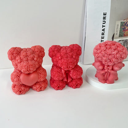 DIY Bear Candle Mold Flowers Foam Love Bear of Roses Candle Mould Chocolate Candy Cake Decor Mold for Wedding Valentine&#39;s Day