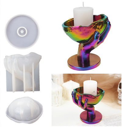 3pcs/Set Hand-Held Skull Candlestick Silicone Mold Storage Box Candle Holder Mirror Crystal Epoxy Resin Mold